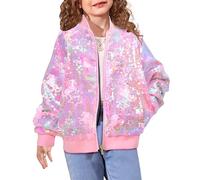 MaciRept Girls Sequin Bomber Jacket Zip Up Coats Pink Girls Outerwear Jackets Coats With Pockets Size 8 9 Kids Fall Birthday Concert Varsity Baseball Unicorn Jacket 8T 9T