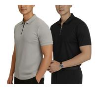 MACK JONNEY Men's Cotton Self Design Half Zip Front Polo T Shirts 2 Pack Multicolor, Multi-7., L