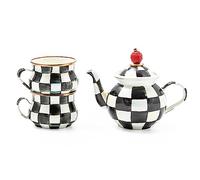 MACKENZIE-CHILDS Enamel Tea Party Set, Unique Teapot and Teacups, Tea Accessories Set, Black-and-White Courtly Check