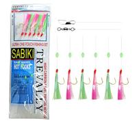 Mackerel Cod Feathers Sea Fishing Rig 6 Hooks size 2/0 Hearing Pollock Bass Jigs Rigs Pier Boat Lure Herring Whiting Pre Tied Flashes Luminous Bead Rainbow Colourful Pink Green Red Gold