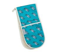 Mackerel Double Oven Glove, 100% Cotton Outer, Terry Towelling Inner, 18cm x 84cm, Teal, Illustrated by Tracey Cooper
