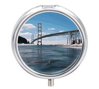 Mackinac Suspension Bridge Pill Box Round Portable Small Pill Case Waterproof Travel Pill Box Organizer for Pocket Purse and Daily Convenience