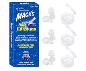 Mack's AquaBlock Swimming Earplugs, 3 Pair - Comfortable, Waterproof, Reusable Silicone Ear Plugs for Swimming, Snorkeling, Showering, Surfing and Bathing (Clear)