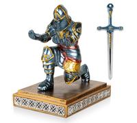 MACLARONX Kneeling Knight Pen Holder with Sword Medieval Warrior Fancy Pencil Stand for Office Desk Home Decor for Men Dad Husband Armor Soldier Statue