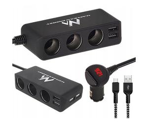 Maclean MCE117A Car Lighter Socket Splitter and USB-C Cable 1m Set, Voltmeter, 3 Lighter Sockets, 4xUSB, 4.8A, Max 120W, Black, Rubberized