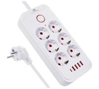 Maclean MCE389/391 Power Strip | 6 Connectors 4xUSB 1xUSB-C 2500W | Desk Extension Cable with Switch | 45° Ports | Wall Mount (White, 3m)