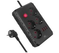 Maclean MCE392/3 Power Strip | 4 Sockets 3xUSB 2500W | Angular Sockets 45° | Illuminated Switch Wall Mounted | Universal for Home, Office and Gaming (Black, 1.5m)