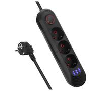Maclean MCE394/MCE395 Power Strip | USB 2500W 1.5 m | Compact with Switch, Illuminated USB Ports 45° | Wall Mounted (Black, 3 Connectors)