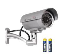 Maclean Outdoor dummy camera with IR LEDs - realistic and weatherproof, AAA batteries included, security sticker, silver or black, home and business protection (Silver)