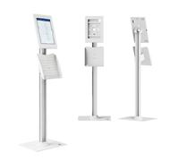 Maclean Tablet Floor Stand, Locking (White, 10.9"-11") | Portrait or landscape orientation, 0-75° adjustment, brochure holder, cable channel