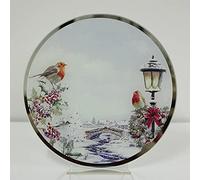 MacNeil Christmas Robins Glass Candle Plate Large 20cms