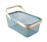 MACOIOR Portable Garden Basket-Mesh Design Natural Bamboo Handle Wire Storage Baskets,Mesh Basket with Handle Organize Items Reduce Space Occupation,Suitable for Kitchen,Garden,Picnic(Blue)