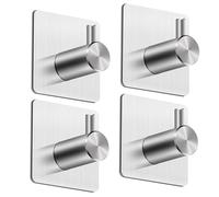 MACOLE Self Adhesive Wall Hooks, Heavy Duty 304 Stainless Steel, Brushed Silver Towel Hooks for Bathroom Kitchen & Bedroom, No-Drill 8kg Max Load, 3M PE Foam Sticky Hooks, 4 Pack