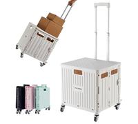 MACOPRO Folding Utility Cart Portable Rolling Crate Handcart Shopping Trolley Collapsible Tool Box, with Lid, Basket on 4 Rotate Wheels, for Grocery, Shopping, Office, Storage, Teacher (White)