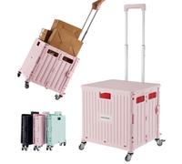 MACOPRO Folding Utility Cart Portable Rolling Crate Handcart Shopping Trolley Collapsible Tool Box, with Lid, Basket on 4 Rotate Wheels, for Grocery, Shopping, Office, Storage, Teacher