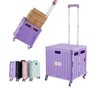 MACOPRO Folding Utility Cart Portable Rolling Crate Handcart Shopping Trolley Collapsible Tool Box, with Lid, Basket on 4 Rotate Wheels, for Grocery, Shopping, Office, Storage, Teacher (Purple)