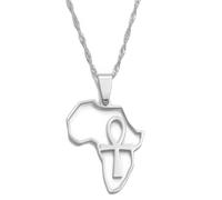 Macracrua Africa Map & Ankh Pendant Necklace Women Girl Gold Color Jewelry African Maps Chains Egyptian Symbol Cross(Silver Color,45cm)