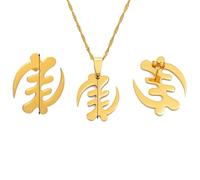 Macracrua African Symbol Necklaces Stud Earrings Sets Gold Color Stainless Steel Adinkra Gye Nyame Ethnic Jewelry Sets(3cm Earrings,60cm OR 23.6 Inches)