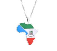 Macracrua Equatorial Guinea Flag Africa Continent Map Pendant Necklace Stainless Steel Equatorial Guinean Pride Jewellry (Silver Colour,60cm Chain)