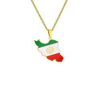 Macracrua Iran Flag Map Pendant Necklace Stainless Steel Iranian Emblem Persian Jewellry Gift for Men & Women (60cm Chain,Emblem,Gold Colour)