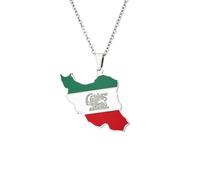 Macracrua Iran Flag Map Pendant Necklace Vintage Persian Lion Sword Emblem Stainless Steel Iranian Pride Jewellry Gift (Silver Colour,60cm Chain)