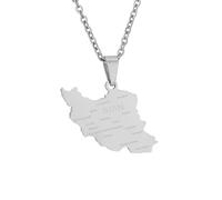 Macracrua Iran Map Pendant Necklace with Engraved City Names Stainless Steel Lightweight Gift for Men Women (Silver Colour,50cm Chain)