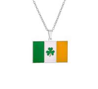 Macracrua Ireland Tricolor Shamrock Flag Pendant Necklace For Women Men Rectangular Stainless Steel Irish Pride Jewellry (Style A,Silver Colour,60cm Chain)