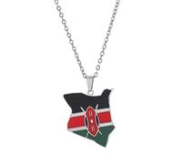 Macracrua Kenya Map Flag Pendant Necklaces for Women Men Stainless Steel Kenyan Cultural Jewellery Gift (Flag Style,Silver Colour,60cm Chain)