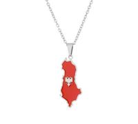 Macracrua Lightweight Albania Map Pendant Necklace with National Flag Colours Stainless Steel Albanian Accessory for Women Men (Silver Colour,60cm Chain)