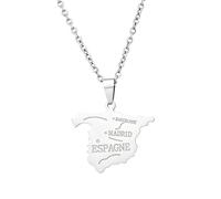 Macracrua Lightweight Spain Map Flag Pendant Necklace Stainless Steel Spanish National Pride Jewellry Minimalist Gift (Style B,Silver Colour,60cm Chain)