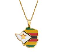 Macracrua Map of Zimbabwe Flag Pendant Necklaces Silver Color/Gold for Women Girls Stainless Steel Zimbabweans Maps Chains(Gold Color,45cm)
