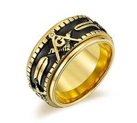 Macracrua Men's Gold Color Spinner Freemason Ring Stainless Steel Rune Rotating Ring Mason Masonic Rings Gold 7