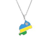 Macracrua Rwanda Flag Map Pendant Necklace Stainless Steel Rwandan National Pride Jewellery Gift for Women Men (Silver Colour,60cm Chain)