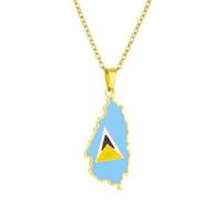 Macracrua Saint Lucia Map Flag Pendant Necklace for Women & Men Stainless Steel St. Lucia Souvenir Jewelry Patriotic Gift from the Caribbean (Gold Colour,60cm Chain)