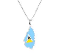 Macracrua Saint Lucia Map Flag Pendant Necklace for Women & Men Stainless Steel St. Lucia Souvenir Jewelry Patriotic Gift from the Caribbean (Silver Colour,60cm Chain)