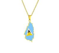 Macracrua Saint Lucia Map Profile Pendant Necklace for Women Girl Gold Color Jewelry St. Lucia Cities Pendant Chains Jewellery (Flag Style,Gold Colour, 45cm)
