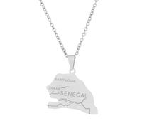 Macracrua Senegal Map Pendant Necklace Stainless Steel Senegalese Country Charm with City Engravings Jewellry for Women Men (Silver Colour,60cm Chain)