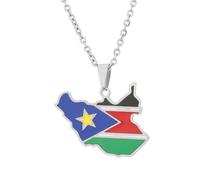 Macracrua South Sudan Map & Flag Pendant Necklace Stainless Steel Lughtweight South Sudanese Maps Ethnic Jewellry Gift (Silver Colour,50cm Chain)