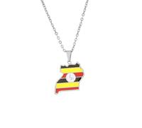 Macracrua Uganda Flag Map Pendant Necklace Stainless Steel Ugandan Grey Crowned Crane National Pride Jewellry for Women Men (Silver Colour,50cm Chain)