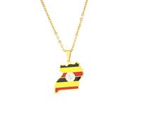 Macracrua Uganda Flag Map Pendant Necklace Stainless Steel Ugandan Grey Crowned Crane National Pride Jewellry for Women Men (Gold Colour,60cm Chain)