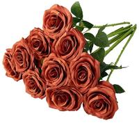 Macrak 10 Pcs Artificial Flowers Silk Roses Flowers Long Stem Fake Rose Flowers Bouquet for Home Wedding Party Centerpiece Decorations (Burnt Orange)
