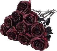 Macrak 10 Pcs Artificial Silk Roses Flowers Long Stem Fake Rose Flowers Bouquet for Home Wedding Party Centerpiece Decorations (Burgundy)