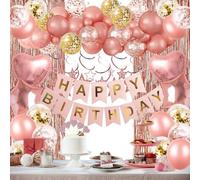 Macrak Birthday Party Decorations Set Happy Birthday Banner, Fringe Curtain, Heart Star Foil Confetti Balloons, Hanging Swirls for Women Girls Princess Party (Rose Gold)