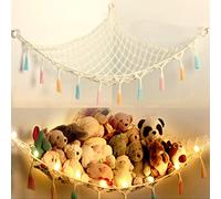 Macrame Boho Toy Hammock for Stuffed Animals with Light Organizer Corner Storage Hanging Fringe Display Holder Net Tassels for Nursery Décor (Beige)