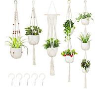 Macrame Hanging Planter, Set of 5 Plant Hanger Baskets, Handmade Flower Pot Holder for Home Indoor Outdoor Decor with 5 Pcs Ceiling Hooks(White)