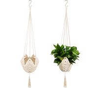 Macrame Jute Crochet Boho Plant Hanger - Large Indoor/Outdoor Hanging Wall Plants with S-Shaped Hooks - White, 4 Pieces