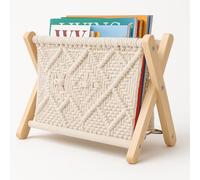 Macrame Magazine Rack Boho Storage Holder - Small Wooden Floor Basket for Books, Newspapers, Swaddles - Cotton Rope Organiser for Living Room, Nursery, Bedroom, Office - Modern Home Decor