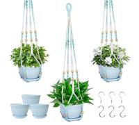 Macrame Plant Hanger with Pot, 3 Set Hanging Planters for Indoor Plants, Handmade Cotton Rope Boho Home Decor, Idea Gift for Anyone, Includes Plant Holders, Pots, Plates and Hooks (Mixed Color-2)