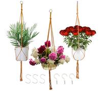 Macrame Plant Hangers Planter Flower Pots Holder 3 Pack Basket Stand Tassels with 6 Hooks Kit Cotton Rope for Decorative Indoor Outdoor Patio Garden Boho Home Décor (POTS NOT Included) (BROWN)