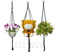 Macrame Plant Hangers Planter Flower Pots Holder 3 Pack Basket Stand Tassels with 6 Hooks Kit Cotton Rope for Decorative Indoor Outdoor Patio Garden Boho Home Décor (POTS NOT Included) (BLACK)